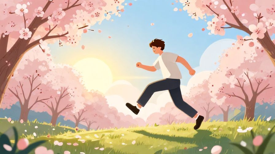 Illustration of a person stepping confidently into a bright new day with sunrise in the background and cherry blossoms in bloom