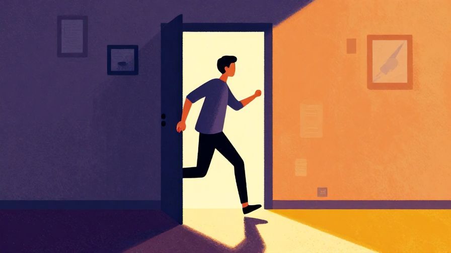 Illustration of a person stepping confidently through a dark door into a bright room, vibrant colors, illustrated style