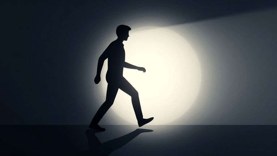 Illustration of a person stepping forward from a shadowy silhouette, a bright light shining behind them, symbolizing a fresh start