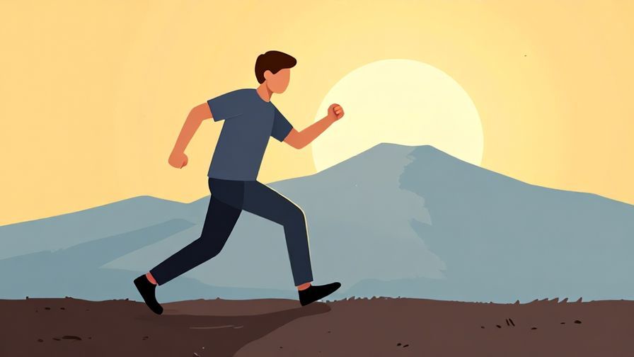 Illustration of a person stepping forward with determination, background of a rising sun and mountain