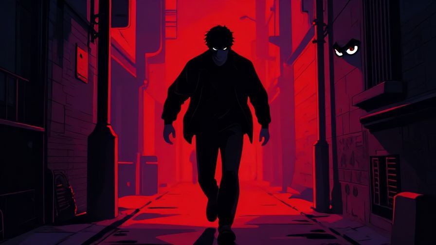 Illustration of a person stepping into a shadowy alley with fierce eyes, urban night background, vibrant and intense colors