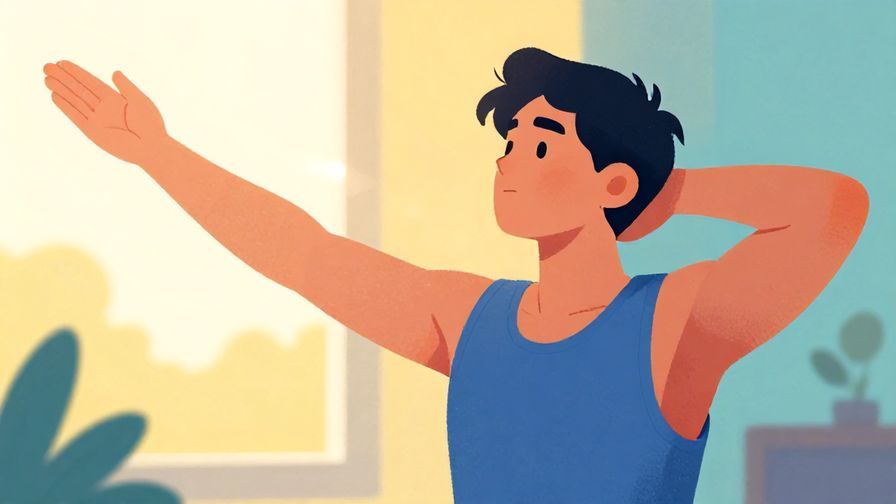 Illustration of a person stretching and taking a deep breath in the morning light, symbolizing fresh energy and readiness, vibrant colors, illustrated style