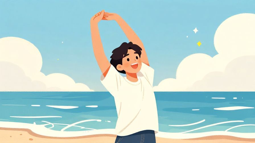 Illustration of a person stretching happily with a bright, sunny background and gentle waves