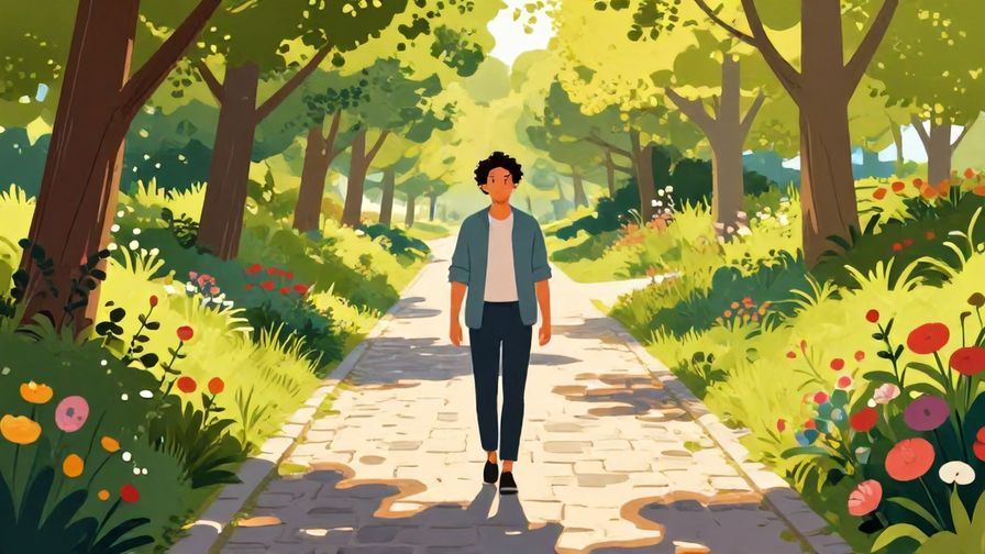 Illustration of a person strolling confidently down a straight cobblestone path in a park, surrounded by flowers and sunlight, vibrant colors, illustrated style