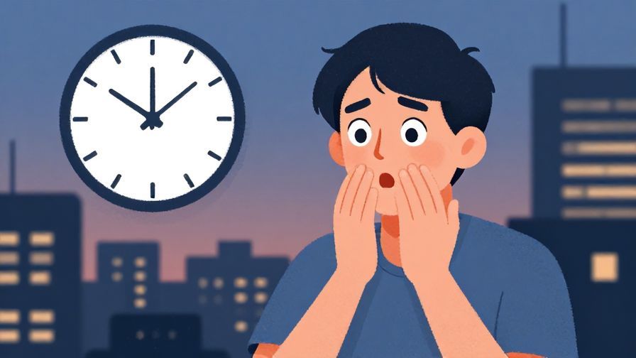 Illustration of a person suddenly pausing with a surprised expression, clock with fast-moving hands in the background, evening cityscape, illustrated style