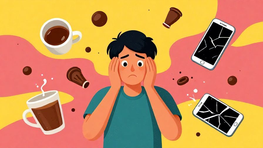Illustration of a person surrounded by falling objects, from a spilled coffee cup to a broken phone, looking overwhelmed, vibrant colors