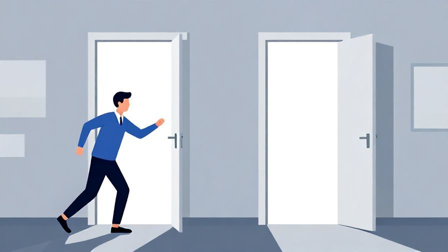 Illustration of a person swiftly choosing between two doors, bright decision-making light, modern office background