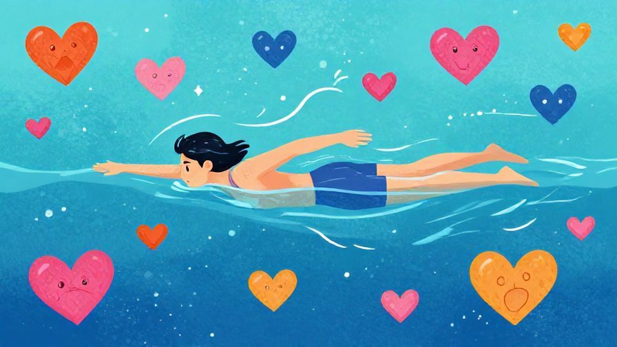 Illustration of a person swimming through a sea of hearts and obstacles, colorful and metaphorical