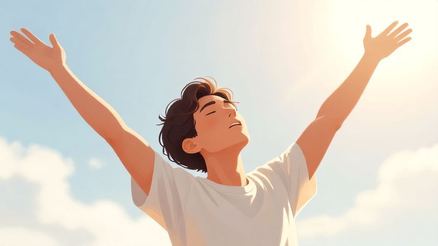 Illustration of a person taking a deep breath and stretching upright, bright morning light, energized expression