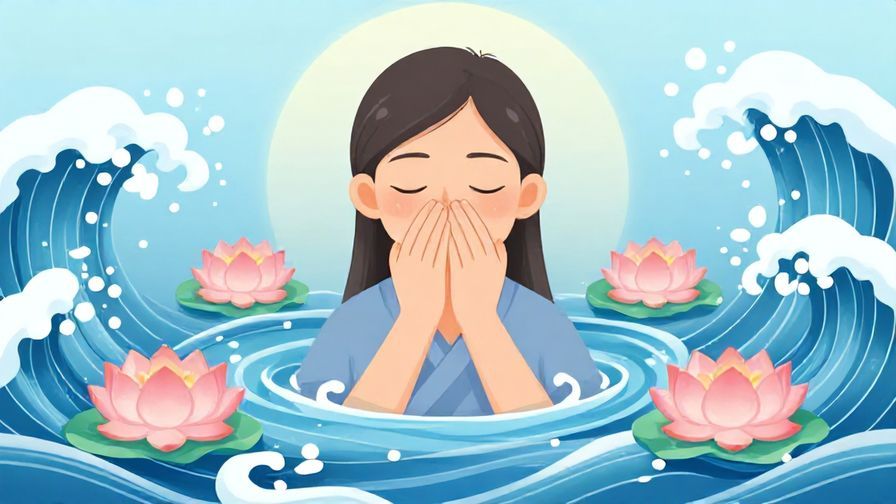 Illustration of a person taking a deep breath with eyes closed, surrounded by soft blue waves and floating lotus flowers
