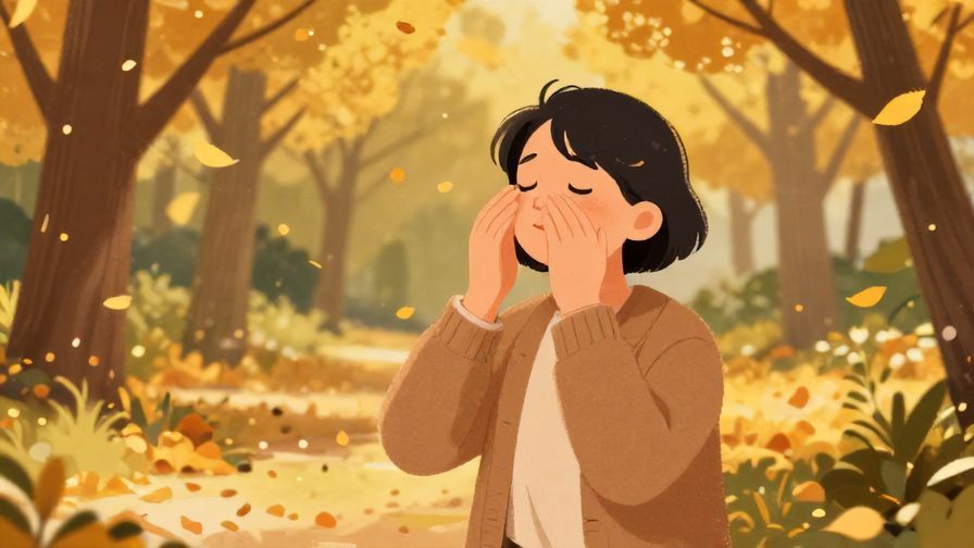 Illustration of a person taking deep breaths in a park during autumn leaves falling, peaceful expression