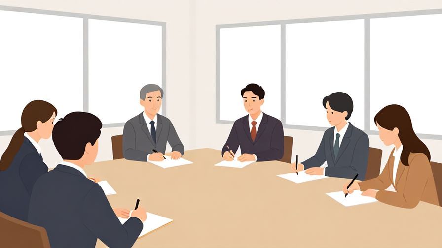 Illustration of a person taking notes attentively in a formal meeting, bright room with large windows