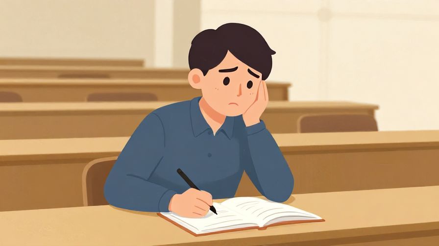 Illustration of a person taking notes hurriedly with a slightly worried expression in a lecture hall or seminar