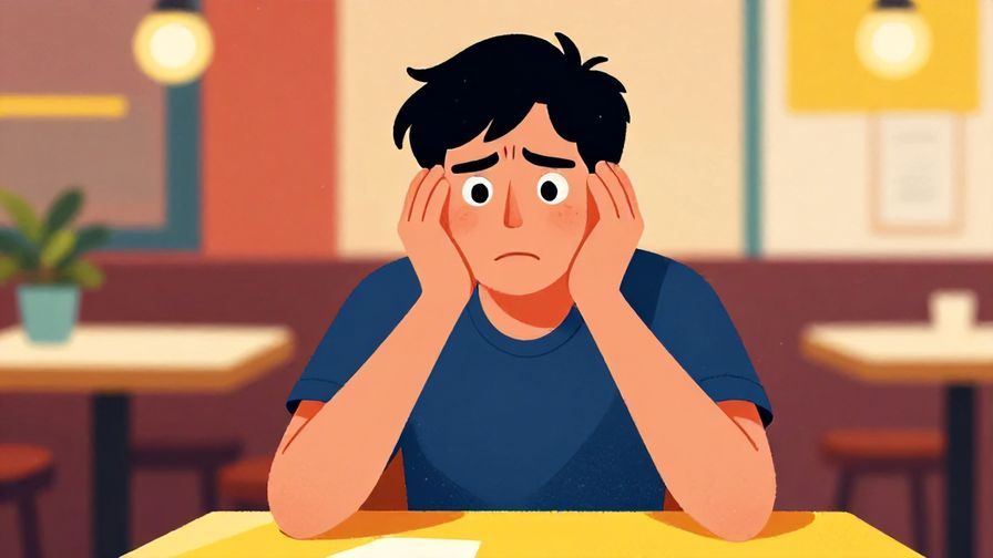 Illustration of a person tapping their fingers impatiently on a table, facial expression showing annoyance, vibrant café background, illustrated style