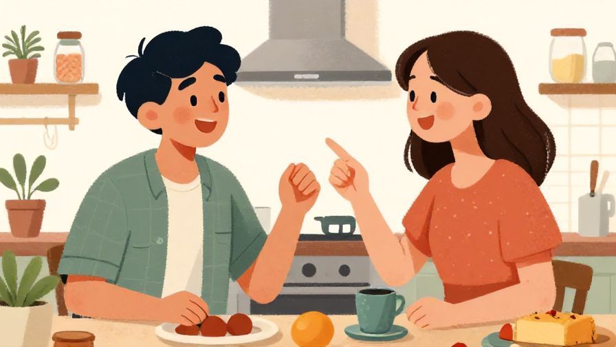 Illustration of a person teasing a friend or family member while smiling, casual kitchen setting, cheerful expression, illustrated style