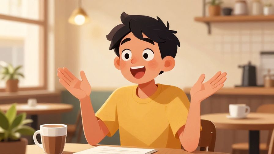 Illustration of a person telling a story with animated expressions, bright and lively cafe background