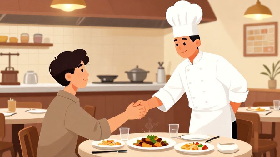 Illustration of a person thanking a chef after finishing a meal, restaurant kitchen in the background, warm atmosphere