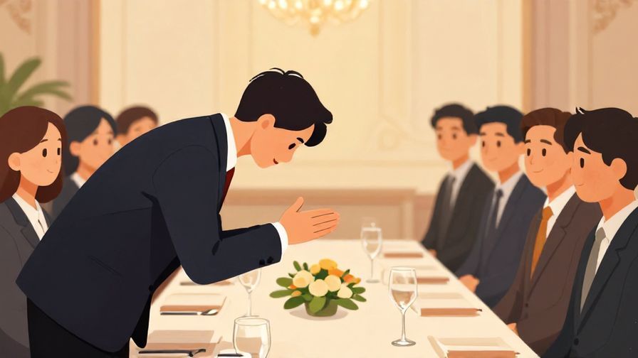 Illustration of a person thanking others with a gentle bow before leaving a formal meeting, warm indoor lighting, detailed background, vibrant colors, illustrated style