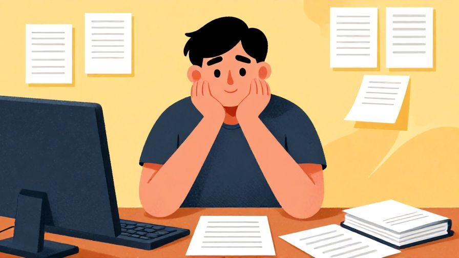 Illustration of a person thoughtfully holding their chin, looking at a busy desk with scattered papers, formal setting, vibrant colors, illustrated style