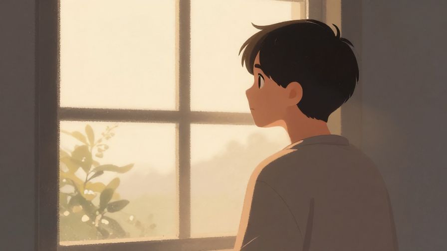 Illustration of a person thoughtfully looking out a window, soft morning light filtering in, calm atmosphere