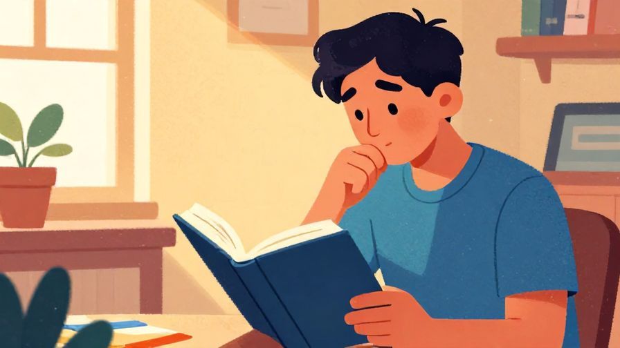 Illustration of a person thoughtfully nodding while reading a book, cozy indoor setting with warm lighting, vibrant colors, illustrated style