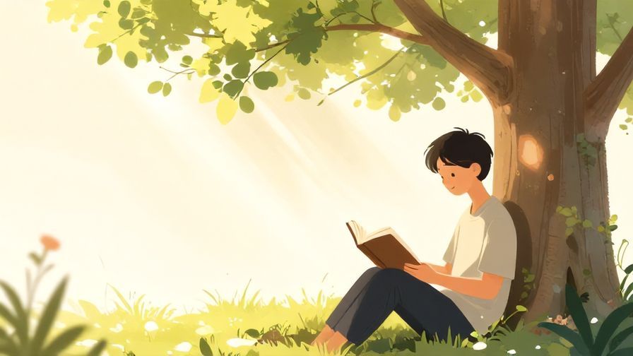 Illustration of a person thoughtfully reading a book under a tree with soft sunlight filtering through leaves