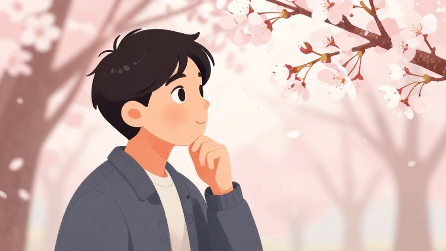 Illustration of a person thoughtfully reflecting with a soft background of cherry blossoms, warm and calm colors
