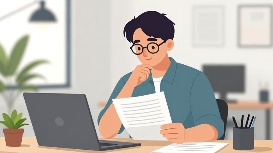 Illustration of a person thoughtfully reviewing documents, well-lit office background