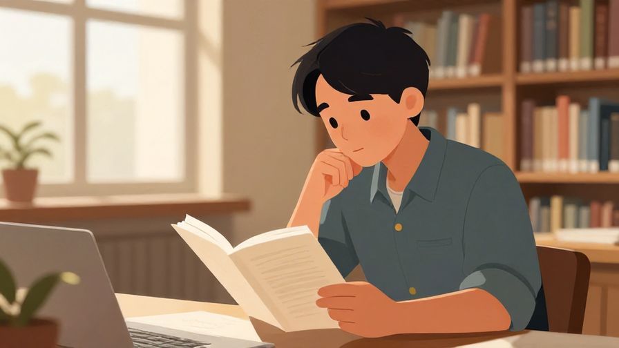 Illustration of a person thoughtfully reviewing notes with a focused expression, inside a quiet library setting, natural light filtering in