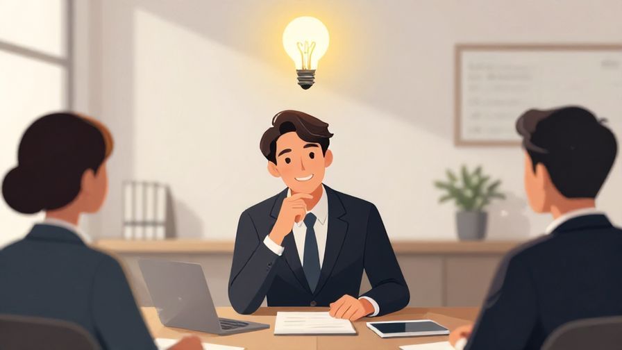 Illustration of a person thoughtfully smiling during a business meeting, lightbulb overhead, elegant office setting
