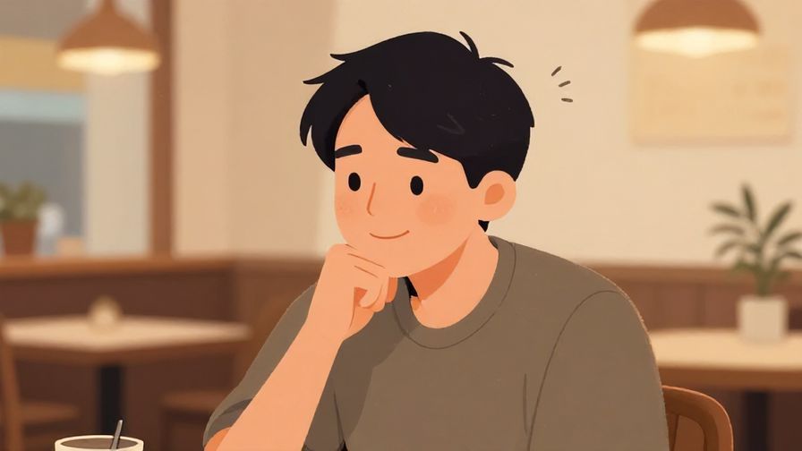 Illustration of a person thoughtfully stroking their chin with a slight smile, indoor cozy café background, warm tones