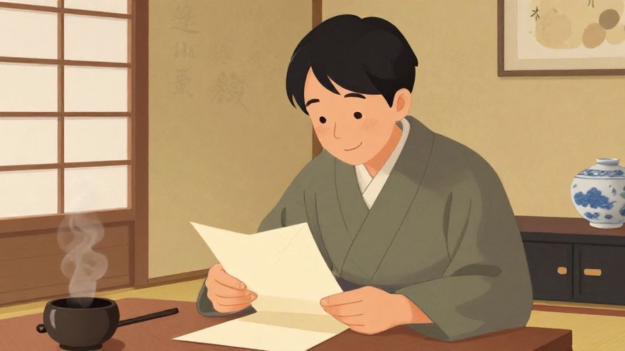 Illustration of a person thoughtfully writing a letter with a warm smile, soft indoor lighting and traditional Japanese decor, illustrated style