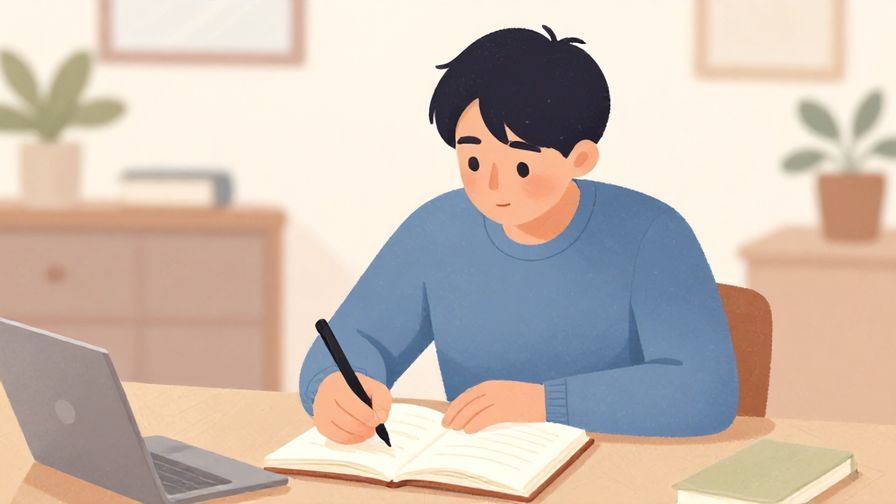Illustration of a person thoughtfully writing in a notebook with a calm study room background, soft pastel colors, serene atmosphere