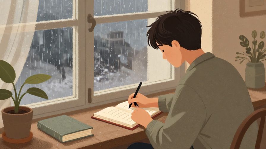 Illustration of a person thoughtfully writing in a journal by a window with gentle rain outside, cozy atmosphere