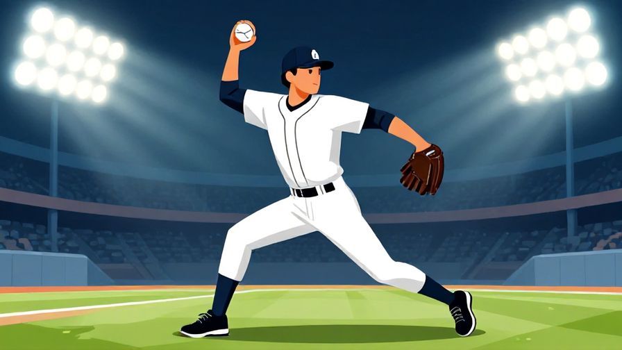 Illustration of a person throwing a baseball with full force, dynamic movement and bright stadium lights