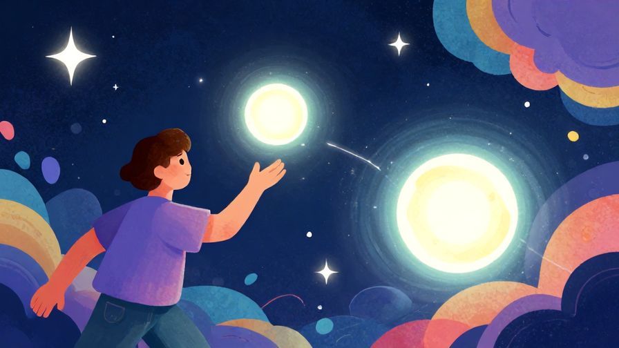 Illustration of a person throwing a glowing ball of light forward and the same ball returning, surrounded by gentle stars and abstract shapes, vibrant colors, illustrated style
