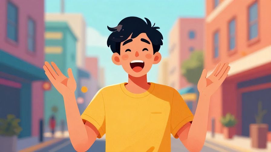 Illustration of a person throwing their hands in the air with a playful, exaggerated expression, colorful urban background