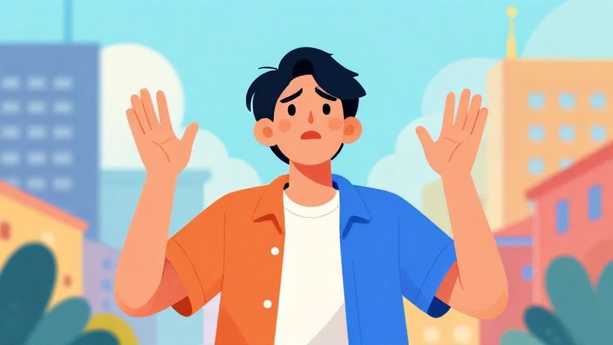 Illustration of a person throwing their hands up in exasperation, bright city background, casual clothing, vibrant colors, illustrated style