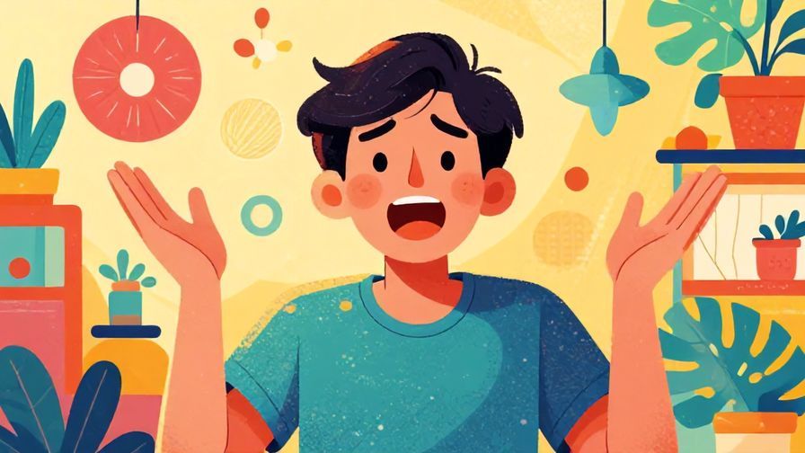 Illustration of a person throwing up their hands in playful frustration, detailed background, vibrant colors, illustrated style
