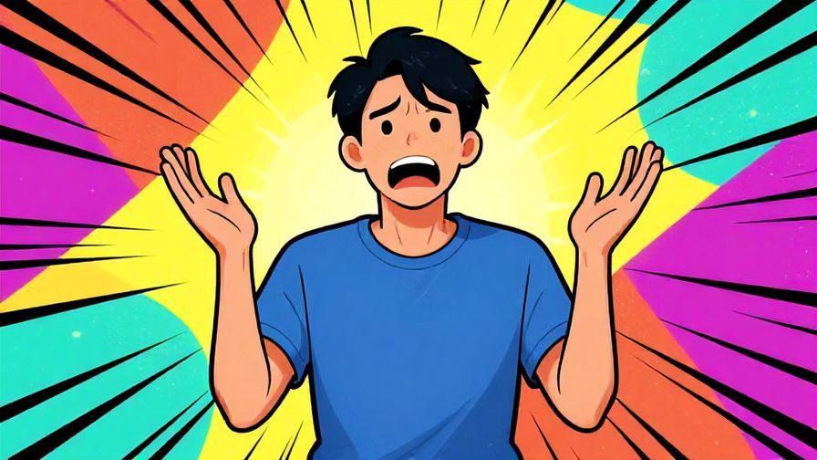 Illustration of a person throwing up their hands in frustration, colorful background with comic-style motion lines