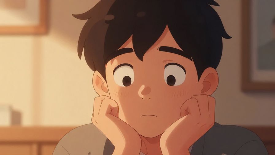 Illustration of a person tilting their head with curious, surprised eyes, soft indoor lighting