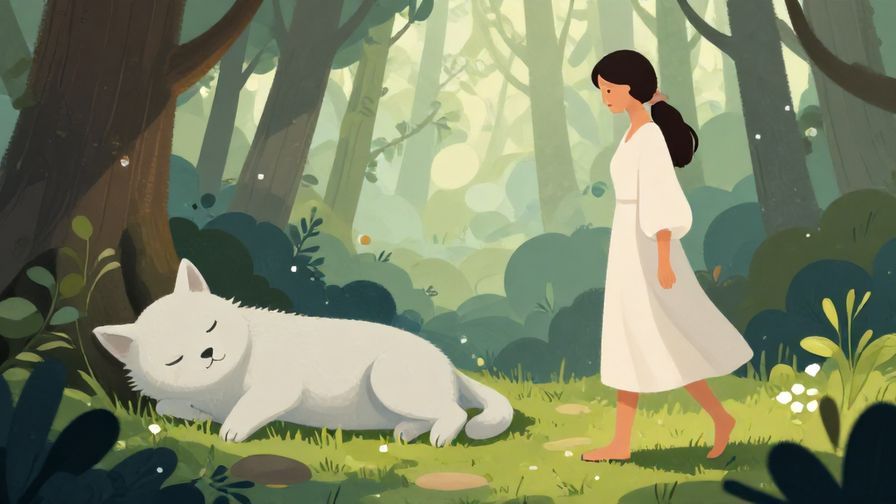 Illustration of a person tiptoeing past a peacefully sleeping mythical spirit, soft forest background with gentle light