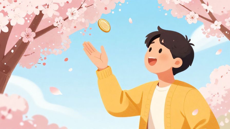 Illustration of a person tossing a coin into the air with a hopeful expression, surrounded by floating cherry blossoms, vibrant colors