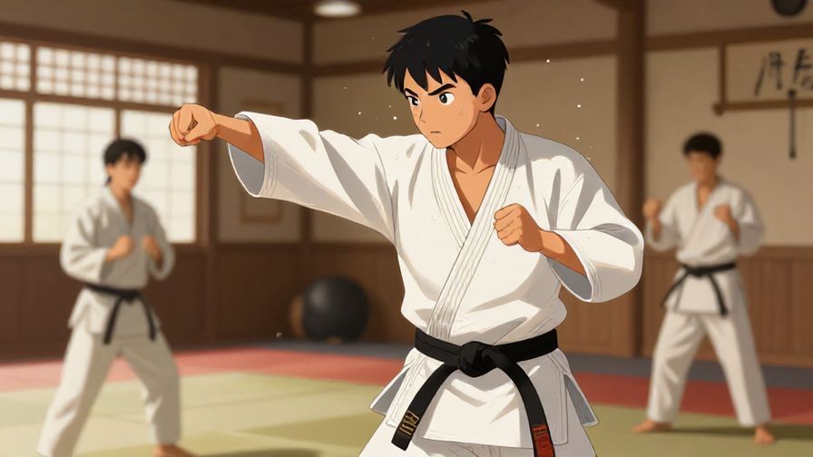 Illustration of a person training hard in a dojo, sweat and determination visible, warm and motivational atmosphere