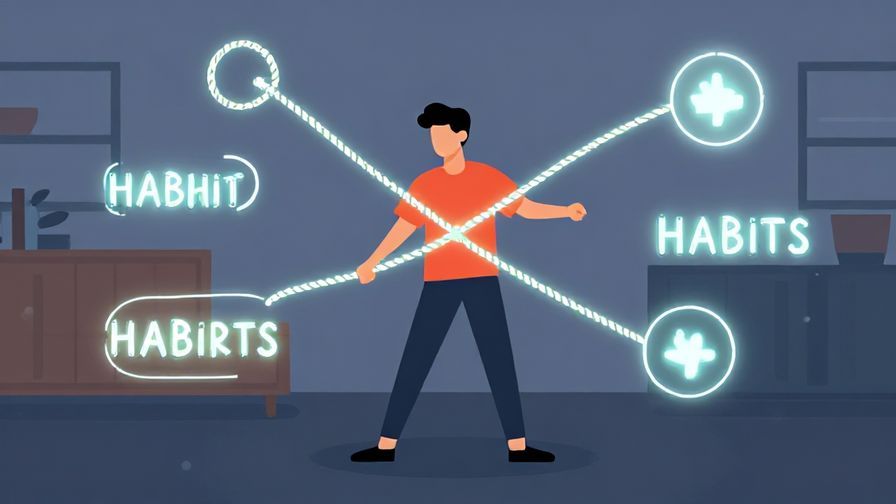 Illustration of a person trying to break a loop made of glowing ropes representing habits, casual indoor setting