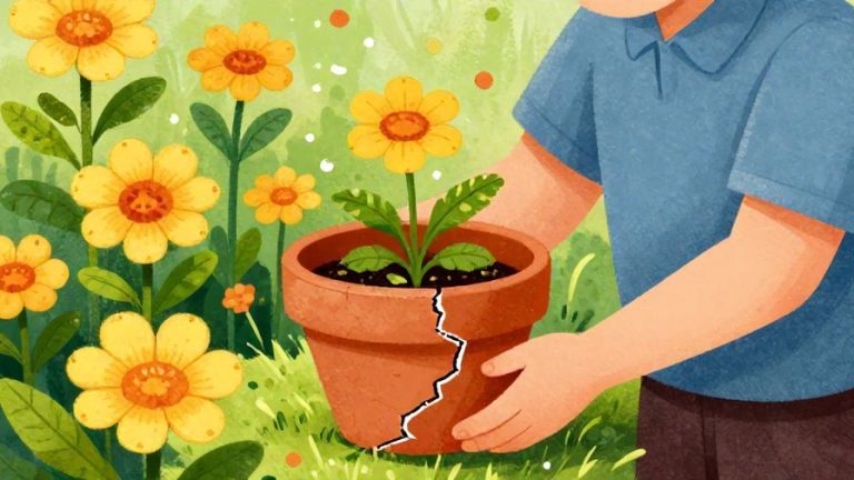 Illustration of a person turning a broken pot into a blooming flower pot, symbolizing transformation from misfortune to fortune, detailed background, vibrant colors, illustrated style