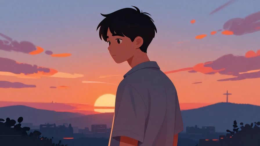 Illustration of a person turning their back with a sad expression, sunset sky in the background, detailed background, vibrant colors, illustrated style