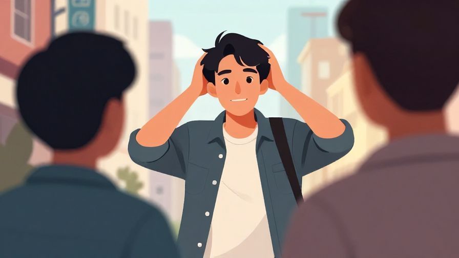 Illustration of a person turning their head quickly as someone familiar appears behind them, lively city background