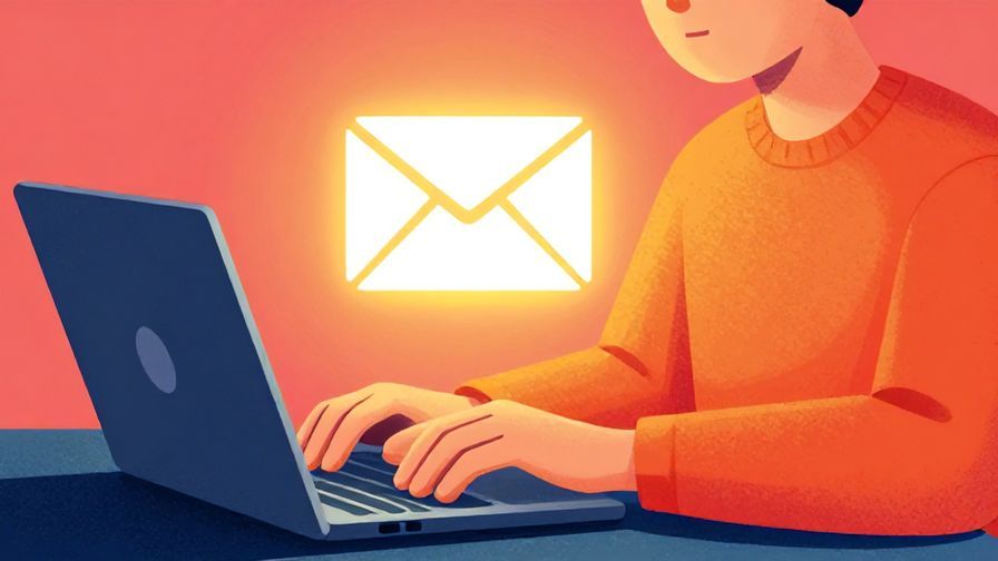 Illustration of a person typing on a laptop with an envelope icon glowing nearby, vibrant colors, illustrated style