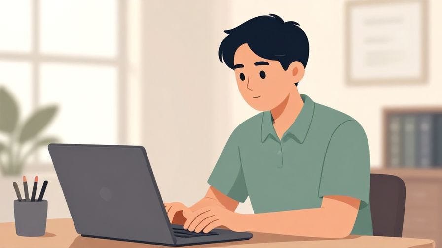 Illustration of a person typing on a laptop with a focused expression, calm office background
